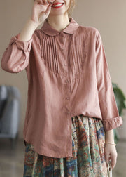 Women Rose Peter Pan Collar Wrinkled Button Linen Shirt Tops Long Sleeve