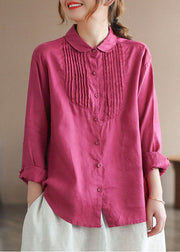 Women Rose Peter Pan Collar Wrinkled Button Linen Shirt Tops Long Sleeve