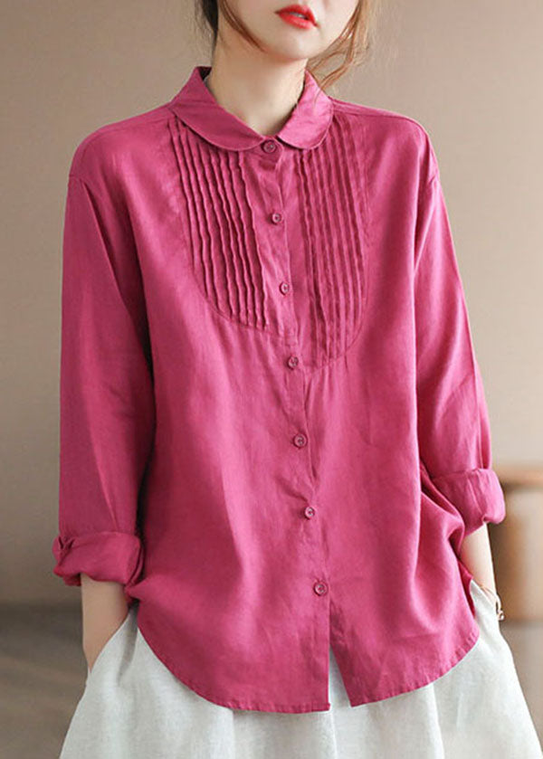 Women Rose Peter Pan Collar Wrinkled Button Linen Shirt Tops Long Sleeve