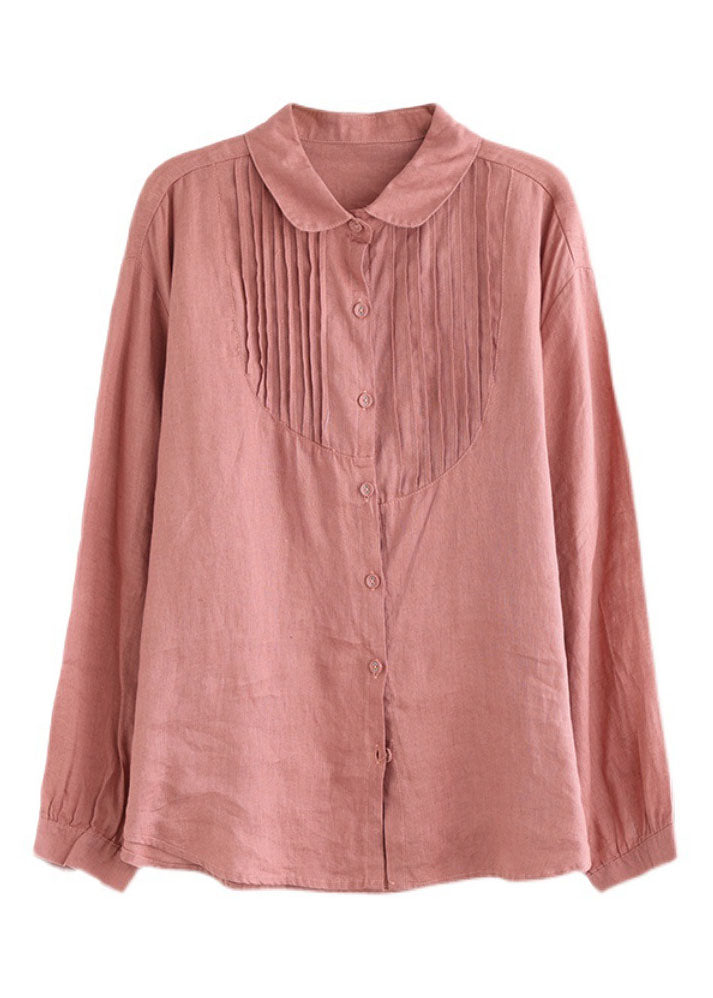 Women Rose Peter Pan Collar Wrinkled Button Linen Shirt Tops Long Sleeve