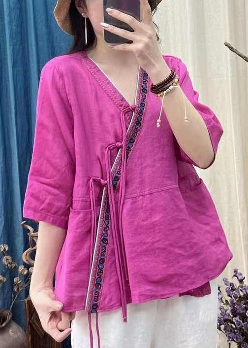 Women Rose V Neck Chinese Button Cotton Shirt Half Sleeve