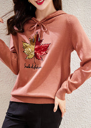 Women Rubber Red Hooded Embroideried Patchwork Cotton Top Fall