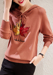 Women Rubber Red Hooded Embroideried Patchwork Cotton Top Fall