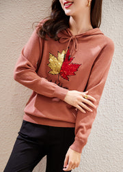 Women Rubber Red Hooded Embroideried Patchwork Cotton Top Fall