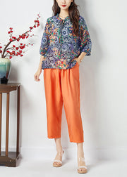 Women Ruffled Lace Up Print Cotton Tops And Pants Two Pieces Set Summer