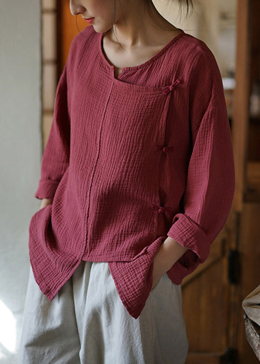 Women Rust Asymmetrical Button Patchwork Cotton Shirts Fall