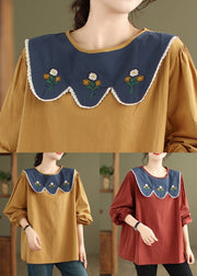 Women Rust Embroidered Patchwork Cotton Top Fall