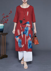 Women Rust O-Neck Morning Glory Print Silk Robe Dresses Half Sleeve