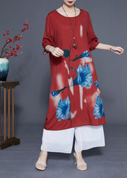 Women Rust O-Neck Morning Glory Print Silk Robe Dresses Half Sleeve