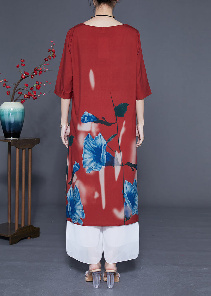 Women Rust O-Neck Morning Glory Print Silk Robe Dresses Half Sleeve