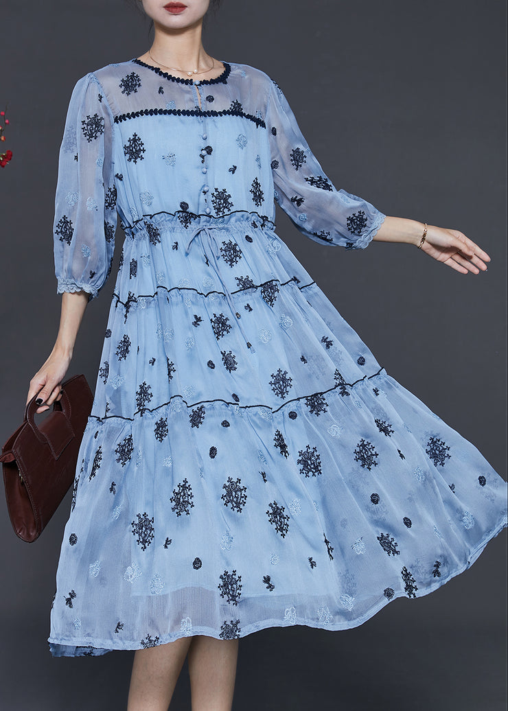 Women Sea Blue Embroidered Silk Cinched Dress Summer