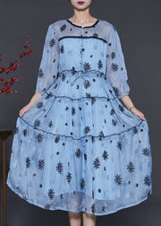 Women Sea Blue Embroidered Silk Cinched Dress Summer