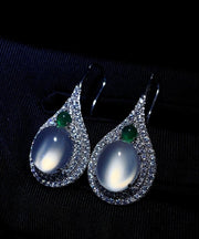 Women Silk Sterling Silver Inlaid Zircon Jade Stud Earrings