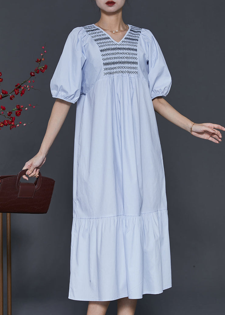 Women Sky Blue Embroidered Patchwork Cotton Dresses Summer