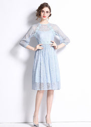 Women Sky Blue Embroideried Wrinkled Patchwork Lace Mid Dress Summer