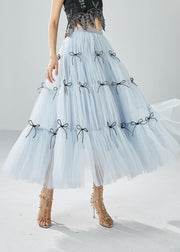 Women Sky Blue High Waist Patchwork Bow Tulle Skirt Summer