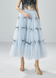 Women Sky Blue High Waist Patchwork Bow Tulle Skirt Summer