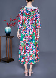 Women Slim Fit Hooded Ruffled Print Silk Long Dresses Summer