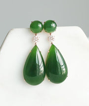 Women Spinach Green Jade Zircon Water Drop Drop Earrings