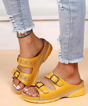 Women Splicing Wedge Yellow Slide Sandals Hollow Out Peep Toe