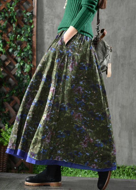 Women Velour Green cashew nuts Skirt Maxi Length