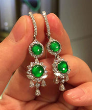 Women Sterling Silver Inlaid Zircon Jade Tassel Drop Earrings