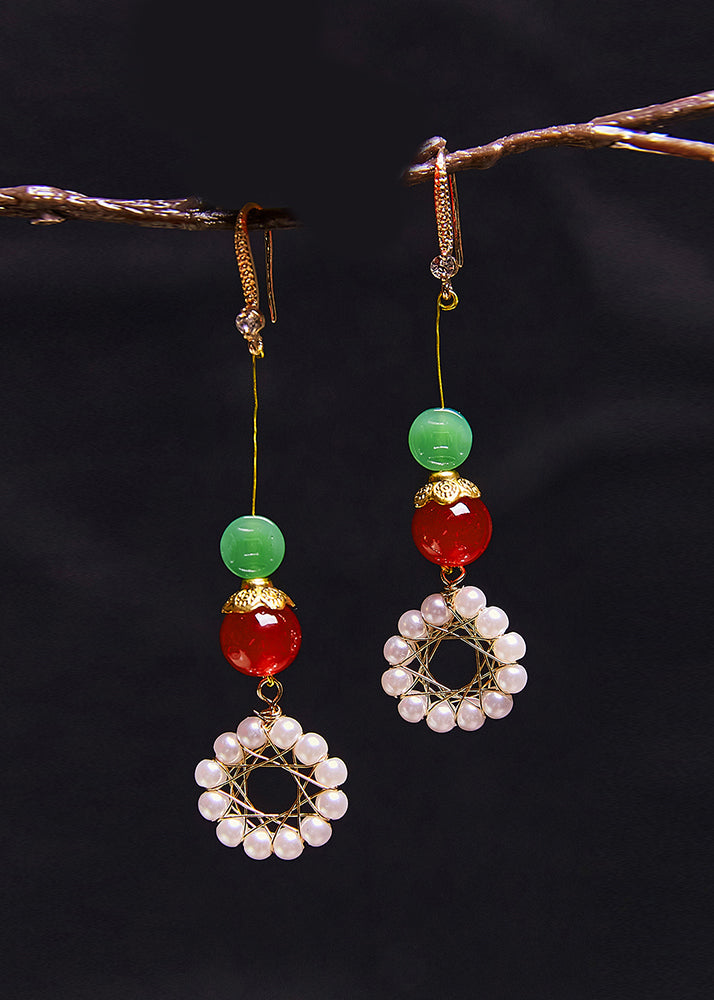 Women Sunflower Pearl Coral Long Drop Earrings