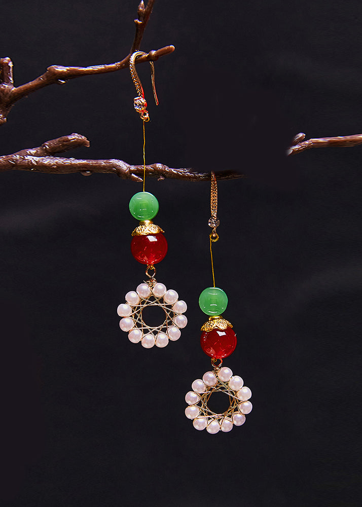 Women Sunflower Pearl Coral Long Drop Earrings