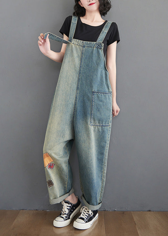 Women Washing Blue Patchwork Cozy Denim Long Jumpsuit