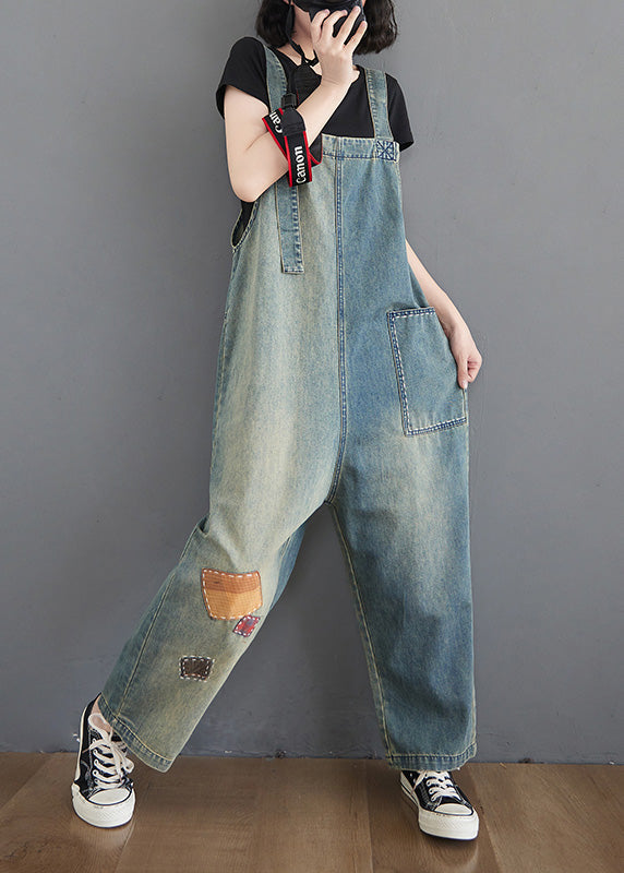 Women Washing Blue Patchwork Cozy Denim Long Jumpsuit