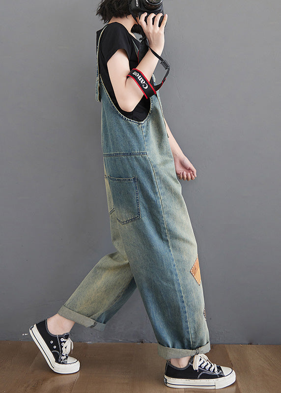 Women Washing Blue Patchwork Cozy Denim Long Jumpsuit