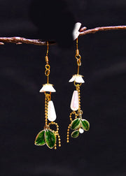 Women Water Droplet Pearl Green Leaf Drop Earrings