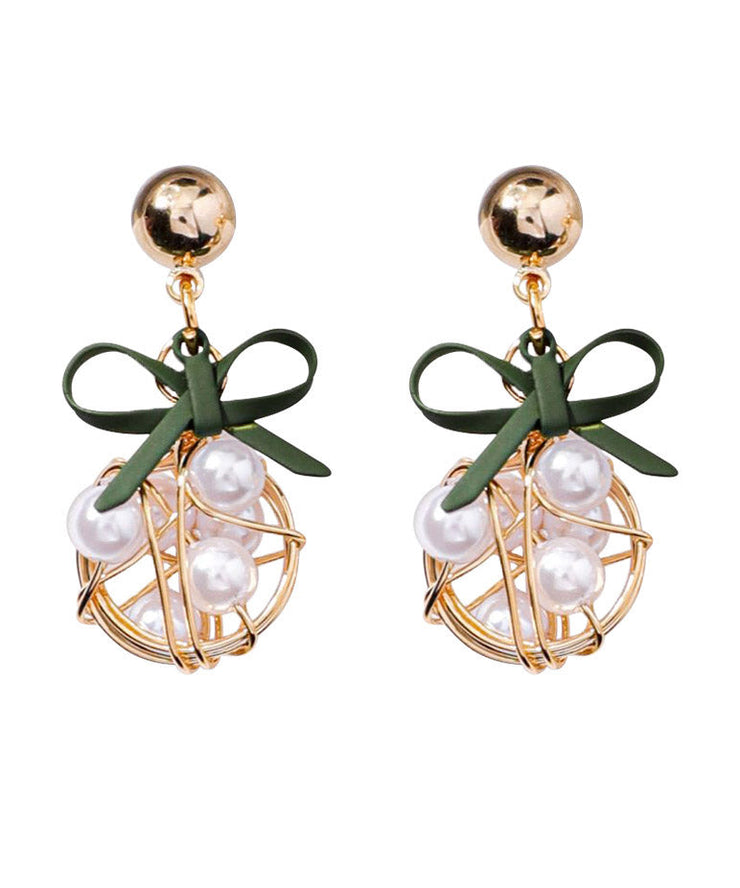 Women White Alloy Pearl Bow Drop Earrings