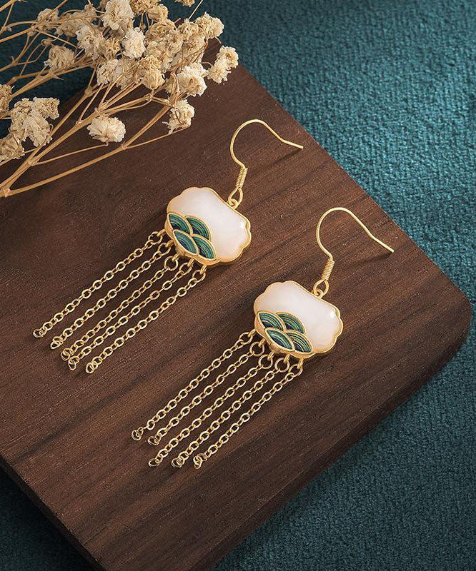 Women White Ancient Gold Inlaid Jade Enamel Tassel Drop Earrings