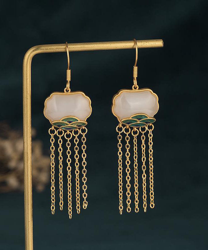 Women White Ancient Gold Inlaid Jade Enamel Tassel Drop Earrings