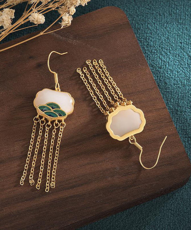 Women White Ancient Gold Inlaid Jade Enamel Tassel Drop Earrings