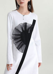 Women White Asymmetrical Patchwork Applique Cotton Dresses Fall