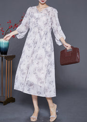 Women White Cinched Rose Print Chiffon Party Dress Summer