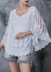 Women White Embroidered Butterfly Cotton Blouses Summer