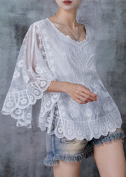 Women White Embroidered Butterfly Cotton Blouses Summer