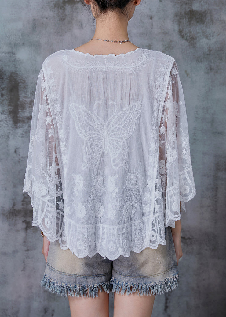 Women White Embroidered Butterfly Cotton Blouses Summer