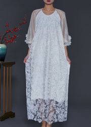 Women White Embroidered Tulle Robe Dresses Lantern Sleeve