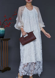 Women White Embroidered Tulle Robe Dresses Lantern Sleeve