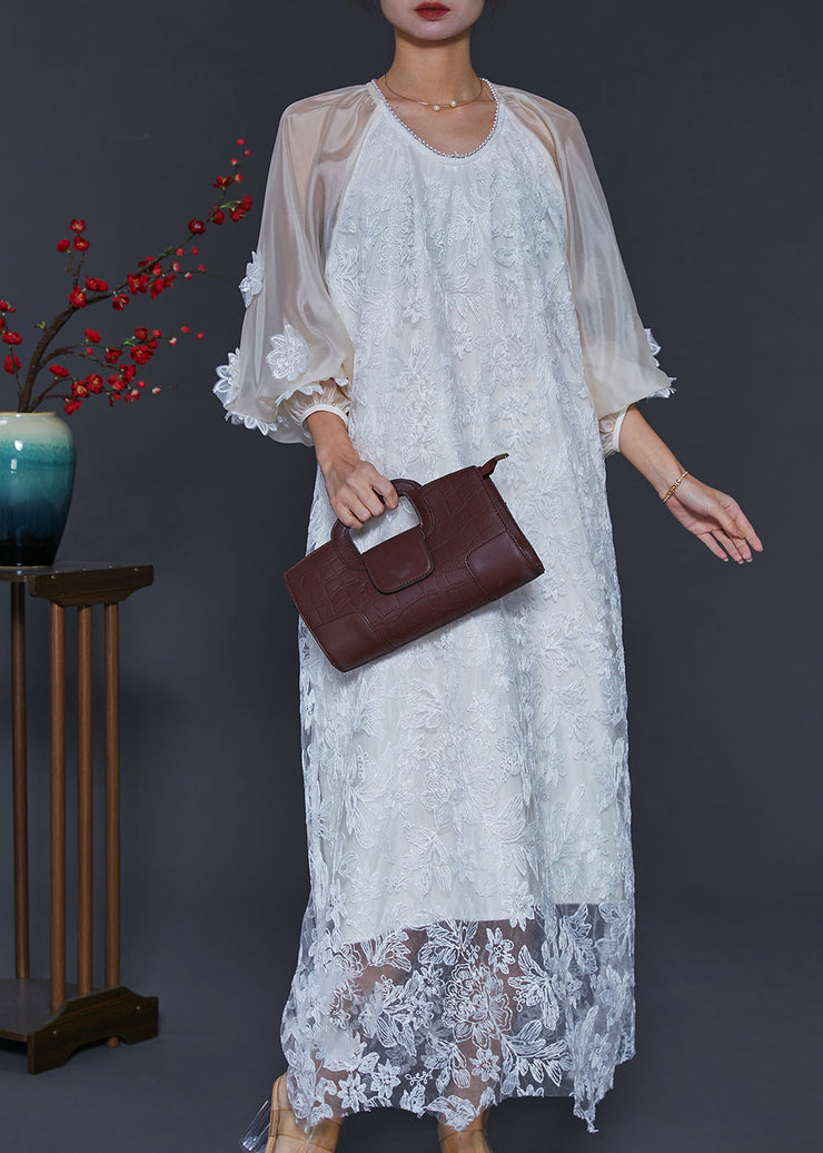 Women White Embroidered Tulle Robe Dresses Lantern Sleeve