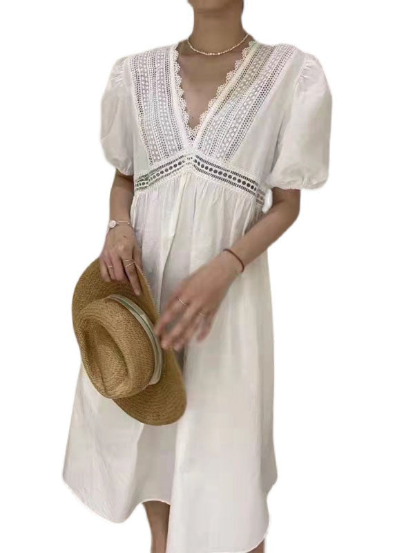 Women White Embroideried Hollow Out Patchwork Cotton Dress Puff Sleeve