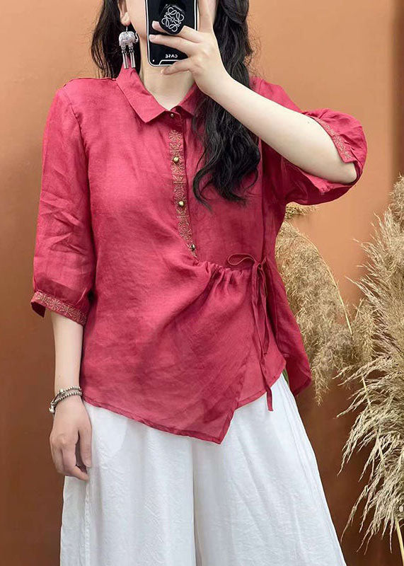 Women White Embroideried Lace Up Patchwork Linen Shirt Top Summer