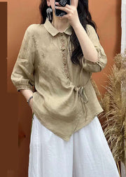 Women White Embroideried Lace Up Patchwork Linen Shirt Top Summer