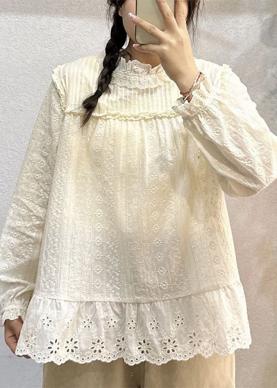 Women White Hollow Out Lace Patchwork Cotton Top Long Sleeve