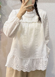 Women White Hollow Out Lace Patchwork Cotton Top Long Sleeve