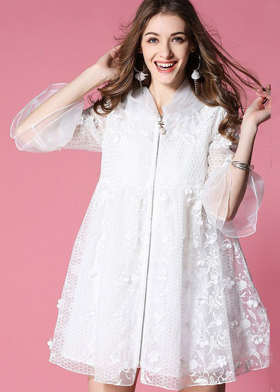 Women White Hooded Embroidered Tulle Mini Dresses Flare Sleeve